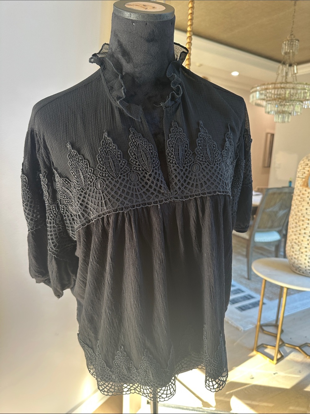 Maeve Black Lace-Trim Ruffled Neck Blouse